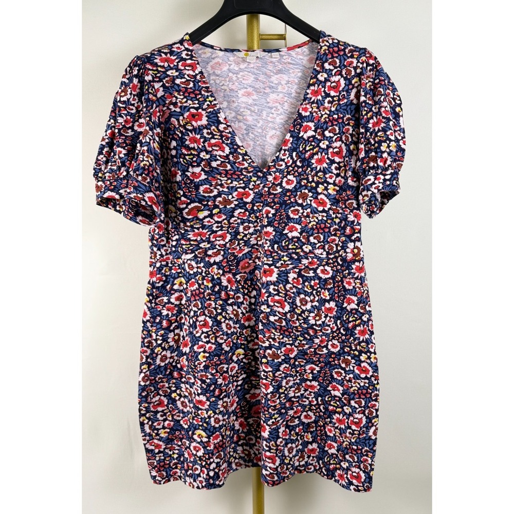 Boden Floral Cotton Knit Dress Short Sleeve‎ V-Neck Blue Red Size 12P